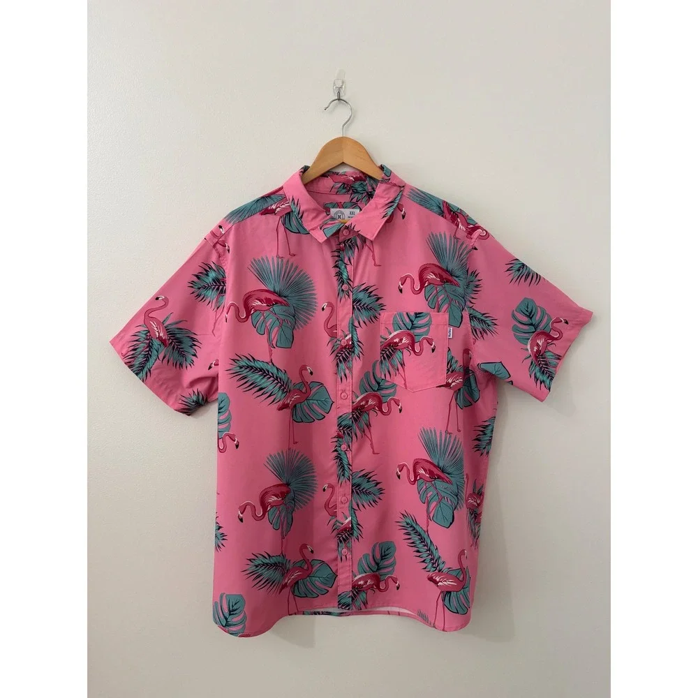Hurley‎ Flamingo Tropical Button Up Shirt Men's XXL Pink Hawaiian Collar Beach